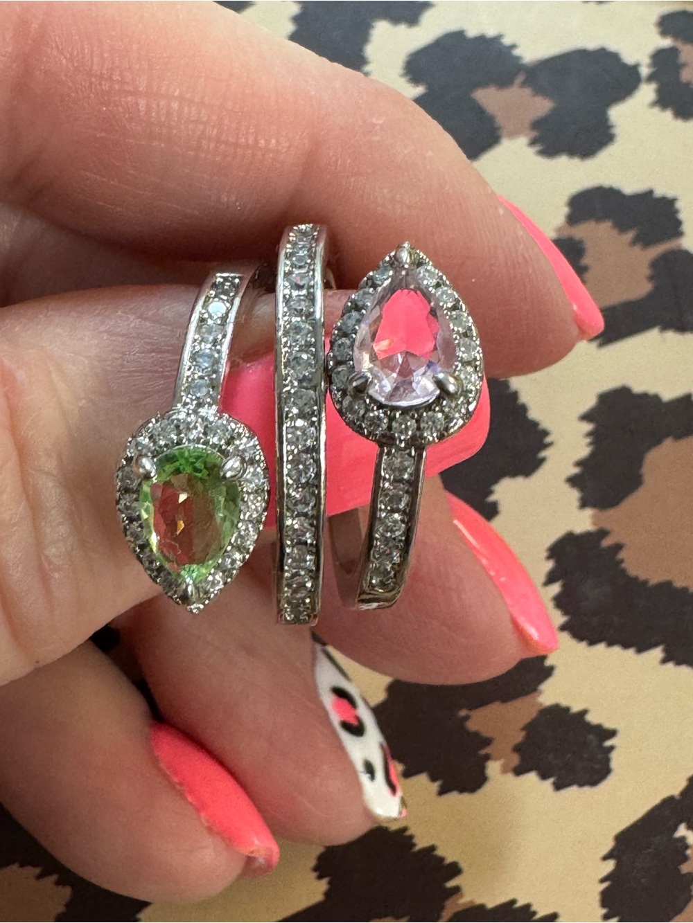 Sterling Silver Teardrop Halo Ring with Pink and Green Gemstones